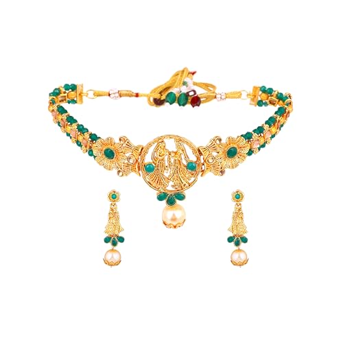Gehena by Estele Gold Plated Radha Krishan Floral Designer Aritifical Stones with Green Choker Necklace Set for Girls and Women (B0CKBQB63F) Amazon Price History, Amazon Price Tracker