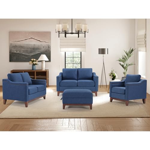 Image of HAOMARKETS 4 Piece Chenille Sofa Set with Nailhead Trim, Included Comfy Accent Chair, Upholstered Loveseat 2-Seater Sofa Couches Set of 2 and Storage Ottoman with Flip-Top Table for Living Room,Blue