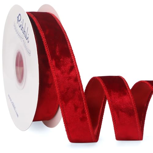 Image of Ribbli Red Velvet Wired Ribbon 1 Inch Metallic Crushed Velvet Christmas Ribbon for Gift Wrapping Christmas Tree Decoration Crafts Wreaths Supplies-Continuous 10 Yards