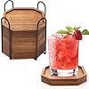 Cute Rustic Farmhouse Wooden Cup Coaster Set of 6 Cool Bar Drink Coasters with Holder Decorative Modern Coaster Outdoor Acacia Wood Coasters for Coffee Table Desk Home Decor Beverage Accessories Gift