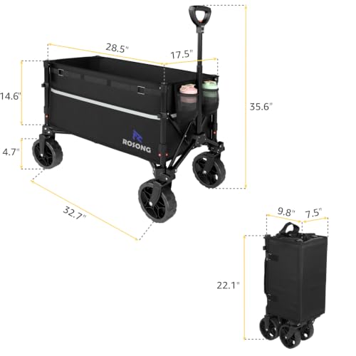 Image of ROSONG Collapsible Wagon Cart with Wheels Foldable - Folding Utility Heavy Duty Wagons Carts for Grocery Sports Garden Shopping Camping Wheelbarrows (Black, 120L)