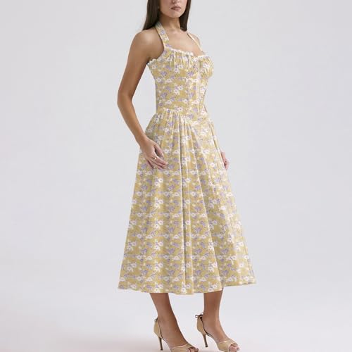 Image of Women Floral Corset Dress Halter Neck Low Cut Bustier Lace Midi Dress Flowy Pleated Hem Long Sundress with Pockets