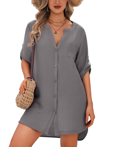 Image of Ekouaer Bathing Suit Cover Up for Women V Neck Button Down Swimsuit Coverup Beach Dress Shirt S-3XL
