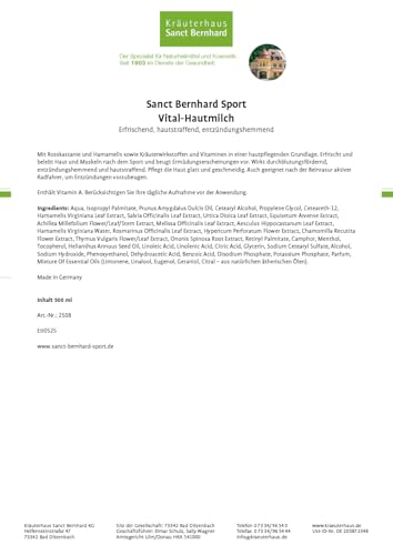 Sanct Bernhard Sport Vital-Hautmilch mit Rosskastanie, Hamamelis, Inhalt 500 ml