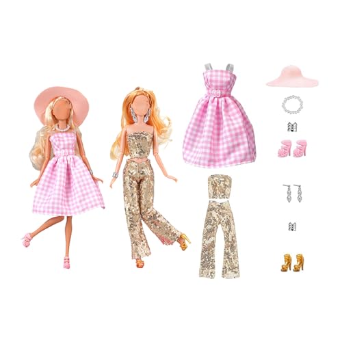 Image of Doll Clothes Set, Doll Dress for Role-Play Activities, Creative Fashion Combinations for Storytelling Games, Complete Outfit with Dress, Shoes, and Accessories for Interactive Play (Golden and Pink)