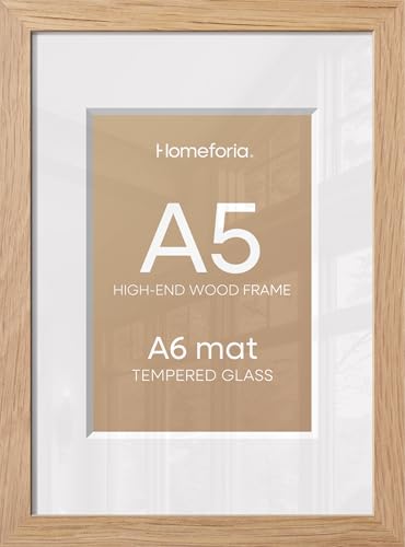 Image of Homeforia A5 Natural Oak Picture Frame, High-End Wood, A6 Mat, Glass | High End Solid Oak Wood, Tempered Glass, Acid-Free A6 Removable Mat, A5 Edge-to-Edge Display, Wall Kit, Set Of 1