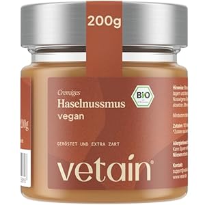 VETAIN Bio Haselnussmus Cremig 200g - 100% Haselnüsse - vegane Haselnusscreme - ohne Zuckerzusatz & Palmöl - glutenfreies Nussmus - perfekt als Topping für Müsli, Porridge oder als Brotaufstrich