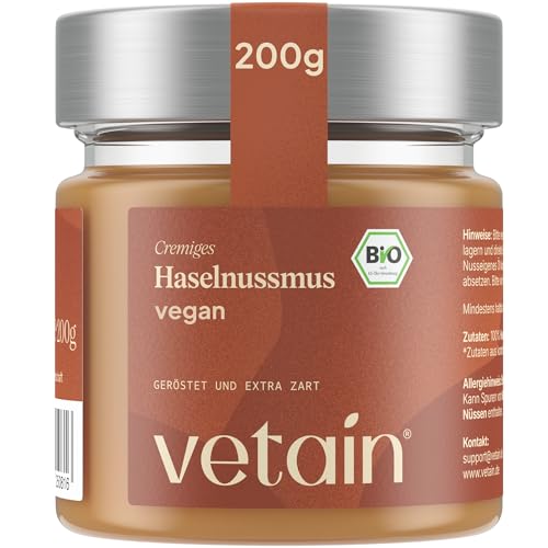 VETAIN Bio Haselnussmus Cremig 200g - 100% Haselnüsse - vegane Haselnusscreme - ohne Zuckerzusatz & Palmöl - glutenfreies Nussmus - perfekt als Topping für Müsli, Porridge oder als Brotaufstrich