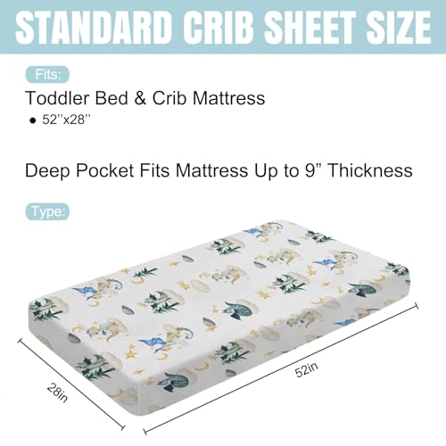 Image of Fairy Tale Dragon Moon Stars Clouds Trees Baby Crib Sheet 52''x28'' Watercolor Dragons Stretchy Fitted Crib Mattress Cover for Boy Girl Bed Sheet for Standard Toddler Mattress, 4258107