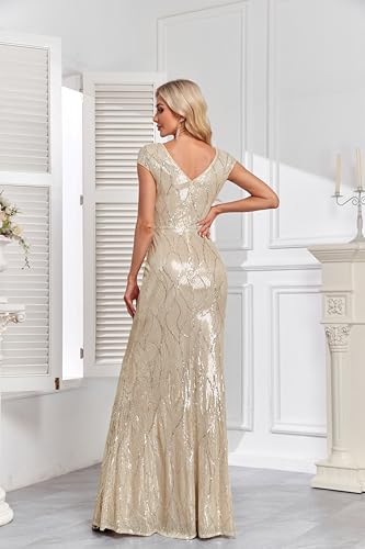 Image of XUIBOL Womens Sequined Short Sleeves Long Formal Dress with V-Neck for Evening Event Nightout Club Gown Silver Paillette Silver S