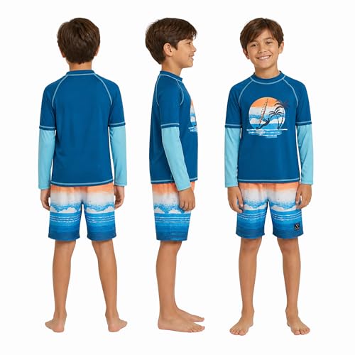 Image of Big Chill Boys Rash Guard Set - 2 Piece UPF 50+ Boys Swim Trunks & Long Sleeve Boy Swim Shirt Youth Bathing Suit Swimwear Set