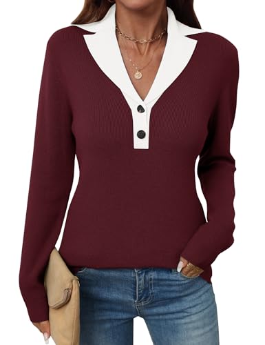 Image of LOMON Sweaters for Women 2025 Fall Knitted V-Neck Collared Button Pullover Dressy Casual Long Sleeve Polo Shirts Business
