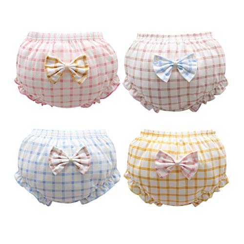 Baby Girls Cotton Bloomers Shorts Ruffle Bowknot Diaper Covers Briefs Underwear Set 4-Pack (Plaid, 1T)