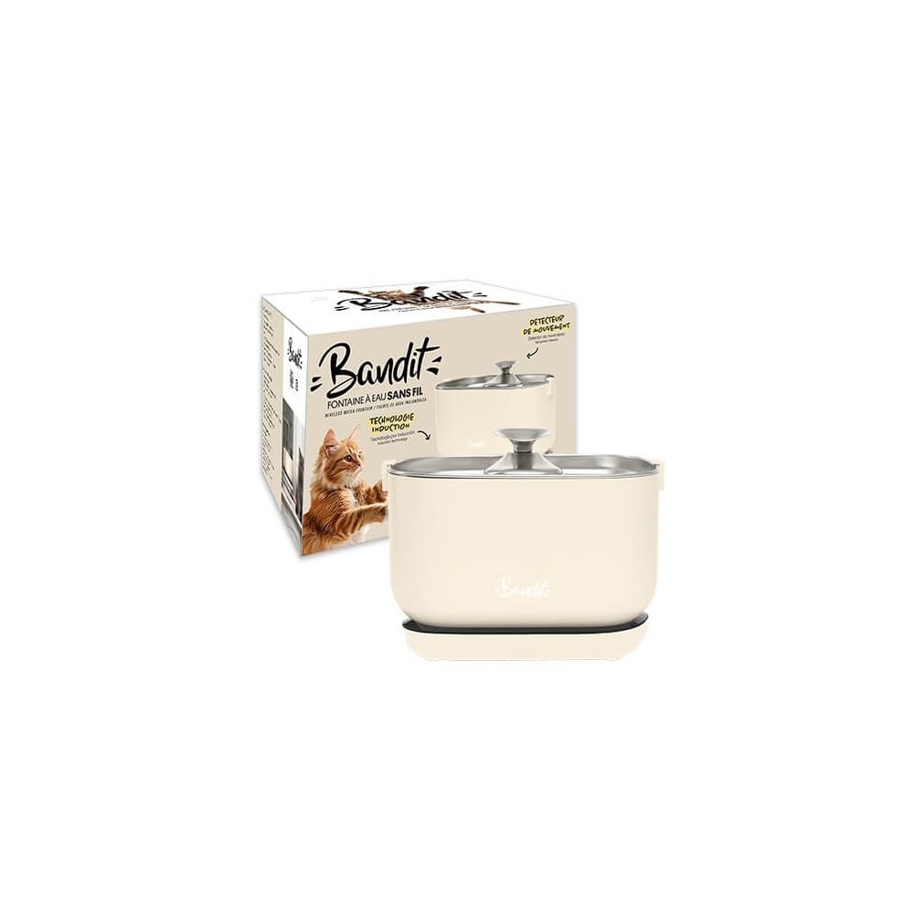 Bandit - Fuente de agua inalámbrica para gatos de 2,5 L, duración de 30 días, filtración de 4 etapas, detector de movimiento inteligente, ultra silencioso inferior 30 dB. Acero inoxidable, crema