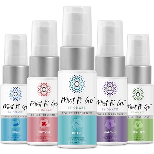 Mist N’ Go by Omaze Travel Bathroom Spray for Toilet Spray Odor Eliminator - Travel Toilet Spray for Bathroom Air Freshener Spray for Bathroom Deodorizer - Mix All, Travel Size (1oz x5)
