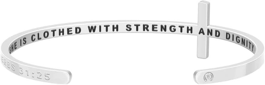 MantraBand Bracelet - Cross Religious Inspiration Bible Phrase - Inspirational Engraved Adjustable Mantra Band Cuff Bracelet - Silver - Gifts for Women