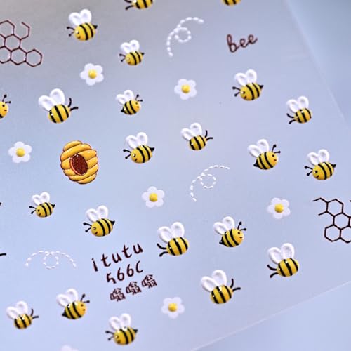 Image of Bee Nail Stickers Flower Nail Decals with Honeycomb Design 5D Embossed Self Adhesive Nails Charms Supply for Women DIY Manicure Decoration