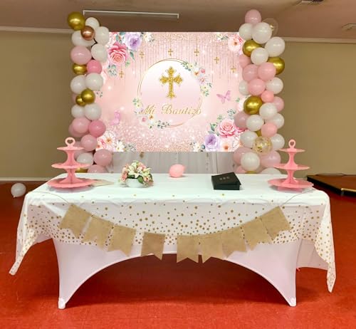 Fondo para Bautizo 240x180 cm Floral Rosa Cruz Dorada miniatura 4