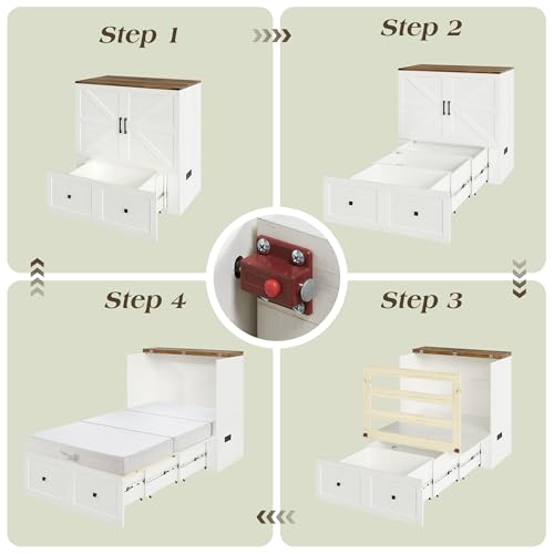 Image of LUXOAK Twin Murphy Bed with 6 inch Tri-Fold Memory Foam Mattress, Storage Drawer & Charging Station, Space-Saving Design for Home Office or Guest Room, White