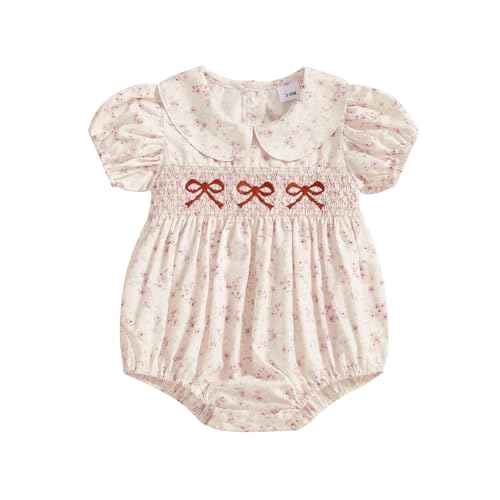 Image of Filgriox Newborn Baby Girl Romper Bow Embroidery Peter Pan Collar Short Sleeve Bubble Bodysuit Summer Clothes (Pink, 0-3 Months)