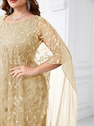 Image of Plus Size Sparkly Formal Evening Gown Sequin Cape Overlay Mother of Bride Dress Wedding Guest Cocktail Party