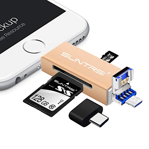 SD Card Reader for iPhone/ipad and Android,Trail Camera Viewer Memory Card Camera Reader Adapter,4-in-1 SD/Micro SD Card Reader(Golden)