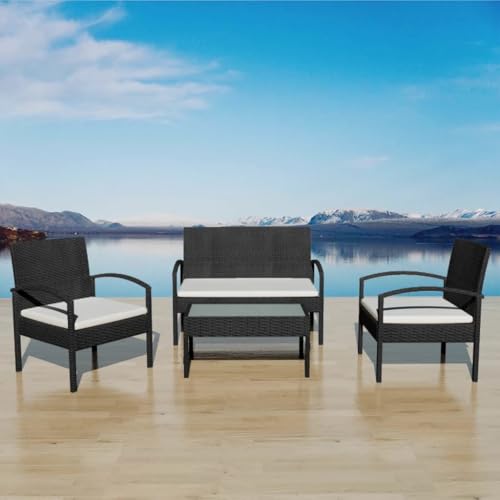 Ziaphsol Salon Jardin 4 pièces en résine tressée Noire avec Coussins Blanc crème, Structure Acier Robuste, Ensemble canapé, fauteuils, Table Basse pour...