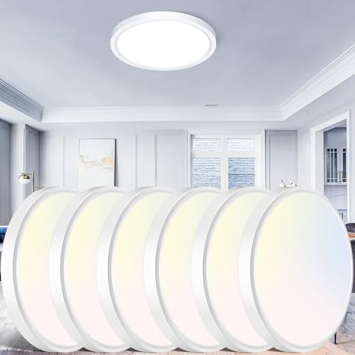 Image of libtit 12 inch Flush Mount LED Ceiling Light Fixture, 3000K 4000K 6500K Adjustable, 28W 3200lm White Round Lighting Fixtures for Bathroom Shower Hallway Kitchen, 6 Pack
