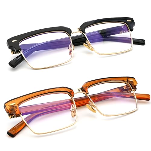 Image of Semi Rimless Rectangle Blue Light Glasses Men Women Black Square Eyewear