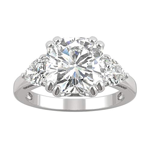 Charles & Colvard Created Moissanite 9.5mm Cushion Cut Three Stone Engagement Ring for Women | 5 cttw DEW | Lab Grown | Solid 14K White Gold with Rhodium