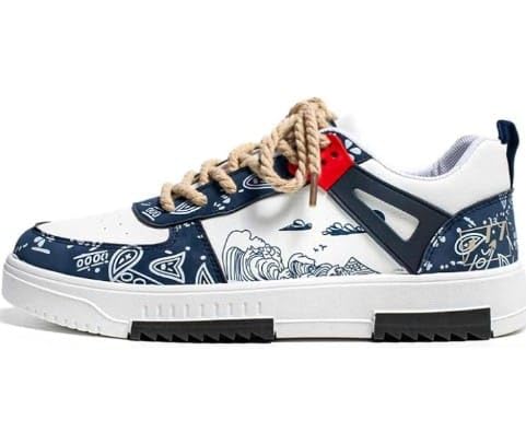 Image of azalya Artistic Wave Print Sneakers, Black and White, Platform Style with Orange Accents Korean Retro Style Comfortable Printed Sneaker Shoes for Men.
