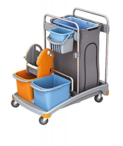 Carrito de limpieza con base de plástico, cubos, soporte para bolsas de basura y prensa para fregona.