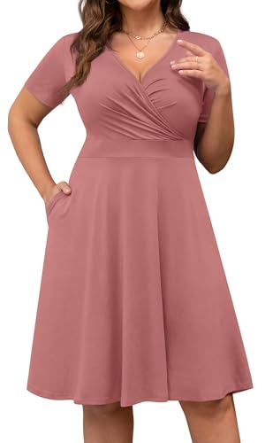 Image of POSESHE Womens Plus Size Dresses Summer Short Sleeve Wrap V-Neck Sundress Casual Wedding Guest Cocktail Dress with Pockets