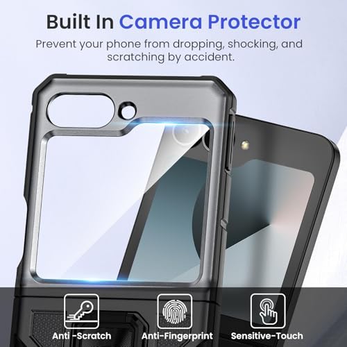 Image of VEGO Phone Case for Z Flip 6 Built-in Screen Protector & Hinge Cover | Aujustable Ring Kickstand Shockproof Case for Samsung Flip 6 2024 - Gray