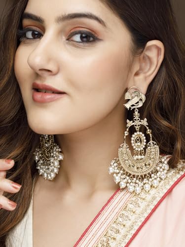 Image of Rubans Chandbali Earrings Kundan Pearl Beads Traditional Wedding Jewellery for Women & Girls