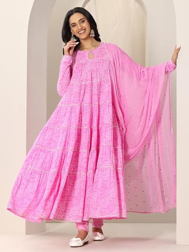 Image of Libas Printed Cotton A-Line Kurta With Churidar and Dupatta