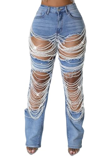 DINGANG Women's Cut Out Straight Leg Ripped Jeans with Rhinestones Pearl Bling Distressed Stretchy Denim Pants
