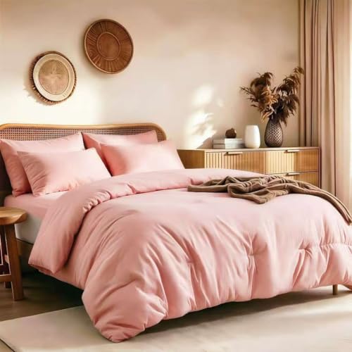Image of Quataly Oversized Queen Comforter Set Prewashed Lightweight Quilted Bedding | 3PCS Peach Pink Breathable Down Alternative Bedding Set with 1 Solid Comforter (98 inchx98 inch) and 2 Soft Pillowcases