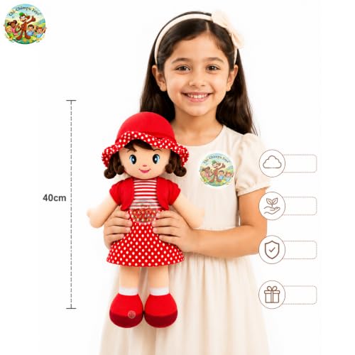 Image of Chi-Chimpu Toyss Soft Curly Doll 40cm (Red) | Premium Plush Stuffed Doll for Girls & Kids | Cute Baby Doll with Curly Hair | Ultra Soft Hugging Toy | Birthday Gift, Baby Sleeping Toy,Washable Soft Toy