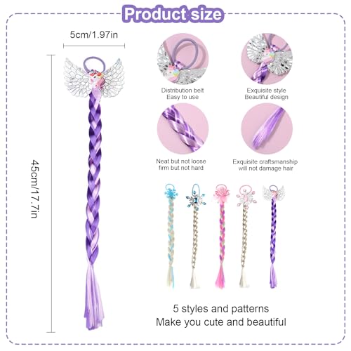 Ksvaye 5 Pcs Kids Hair Extensions Hair Braids for Girls Colourful Braiding Hair with Elastic Rope Princess Ponytail Hair Decor Birthday Party Favours Children Performance