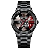 JOATVEE Relojes de rueda de coche para hombres, resistente al agua, de acero inoxidable, analógico, de cuarzo, deportivo, con llanta de coche, diseño de buje, para hombre, Banda de acero rojo, Pulsera
