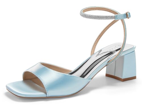 Coutgo Womens Heeled Sandals Rhinestone Chunky Low Heels Satin Square Toe One Strap Ankle Buckle Dress Shoes, Blue, Size 7