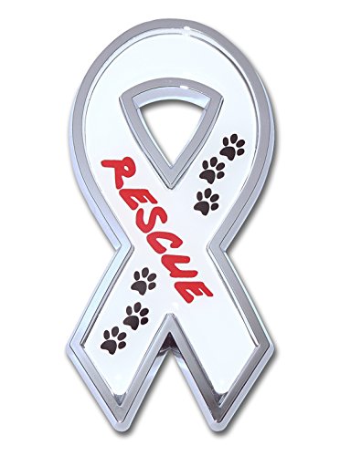 Image of Elektroplate Pet Rescue White Ribbon OEM Chrome Emblem for Cars, Trucks, and All Auto | Universal Fit at 3.25 inch x 1.5 inch | Weatherproof