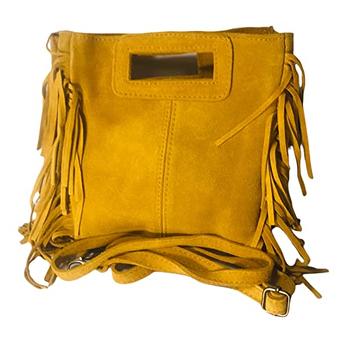 DHDB-Sac à Main Femmes Cuir Véritable Façon Daim à Franges Bandoulière Porté Epaule Italien Alba-Jaune