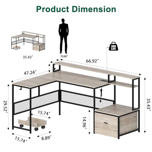 AYEASY L Shaped Desk with Drawers, 66" Home Office Desk with Power Outlet and Led Strip, Computer Desk with Storage Shelves & Monitor Stand, Large Corner Desk Gaming Desk, Grey — view 2