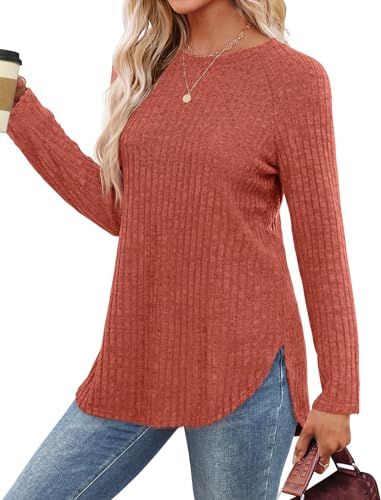 Image of Saloogoe Long Sleeve Shirts for Women 2025 Fall Clothes Tunic Tops Loose Fit Dressy Crewneck Pullover Sweaters Curved Hem