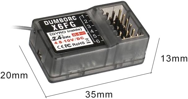 DUMBORC X6FG receiver with dimensions labeled: 35mm length, 20mm width, 13mm height.