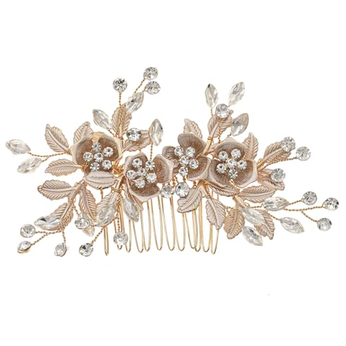 Adorno de cabello nupcial con diseño de hoja de cristal dorado