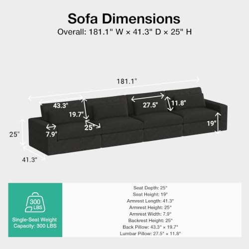 Image of Novilla 181 inch Deep Seat Modular Sectional Sofa, Removable Washable Covers, 4 Seater Cloud Couch with Lumbar Pillows, Chenille Boneless Sectional Couch Dark Gray, No Assembly Required