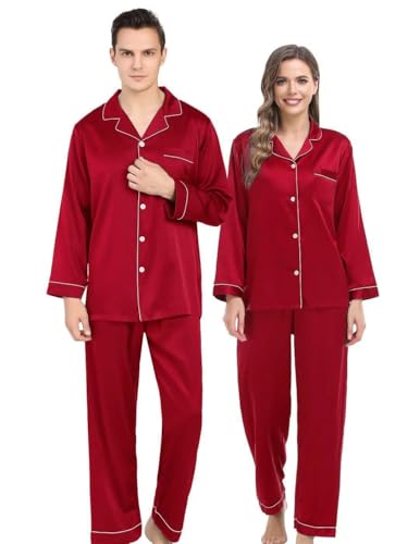 SWOMOG Couples Matching Silk Satin Pajamas Set Long Sleeve Sleepwear Soft Button Down Loungewear 2 Pcs Pj Set (Men Red Small)